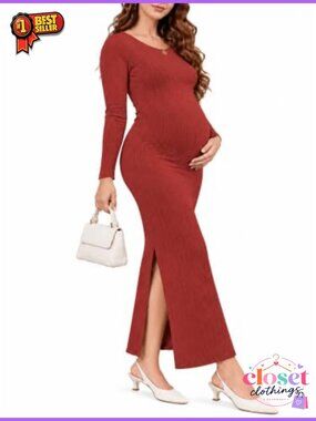 Rib Knit Maternity Maxi Dress Long Sleeve Bodycon Stretch Comfort